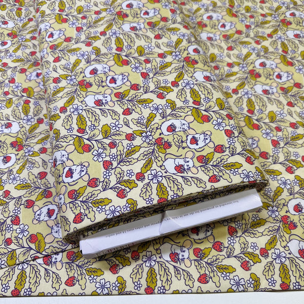 Bolt of Forest Friends Strawberry Mice Cotton Fabric by The Good Twin for Cloud 9 Fabrics, 100% organic cotton.