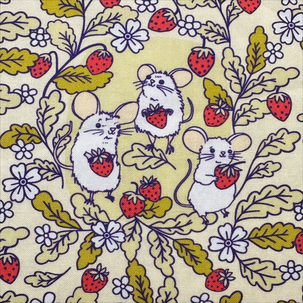 Close up of Forest Friends Strawberry Mice Cotton Fabric by The Good Twin for Cloud 9 Fabrics, 100% organic cotton.