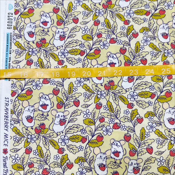 Scale of Forest Friends Strawberry Mice Cotton Fabric by The Good Twin for Cloud 9 Fabrics, 100% organic cotton.