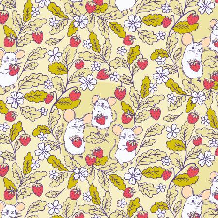 Stock photo of Forest Friends Strawberry Mice Cotton Fabric by The Good Twin for Cloud 9 Fabrics, 100% organic cotton.
