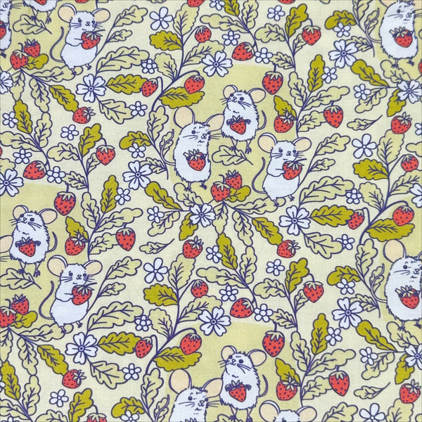 Forest Friends Strawberry Mice Cotton Fabric by The Good Twin for Cloud 9 Fabrics, 100% organic cotton.
