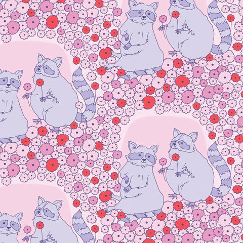 Stock photo of Forest Friends Sweet Raccoons Cotton Fabric by The Good Twin for Cloud 9 Fabrics, 100% organic cotton.