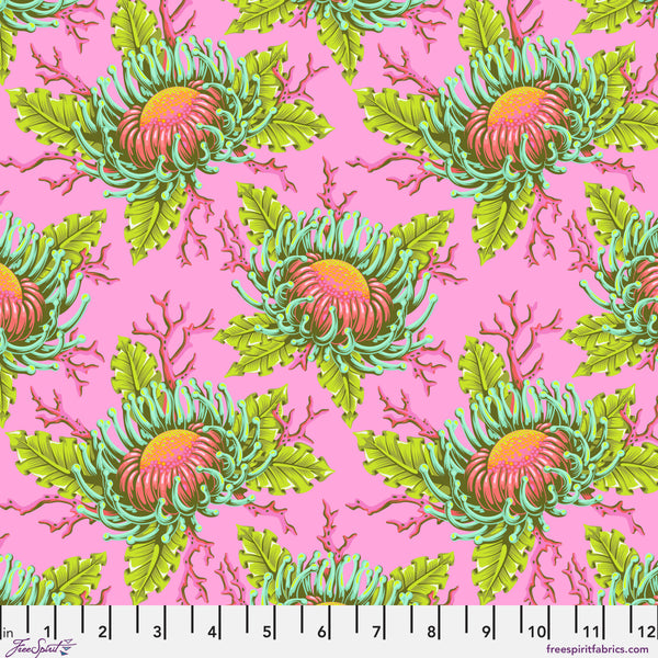Scale of Friends & Anemones in Coralline from the Floral Reef collection by Tula Pink – colorful anemones in an underwater-inspired design