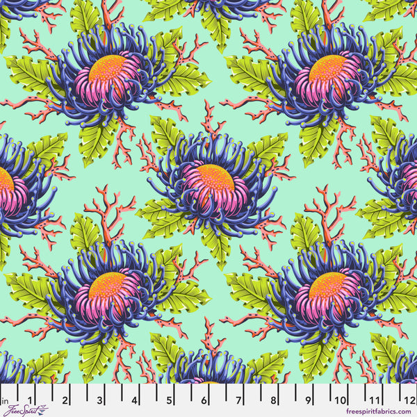 Scale of Friends & Anemones in Seafoam from the Floral Reef collection by Tula Pink – colorful anemones in an underwater-inspired design