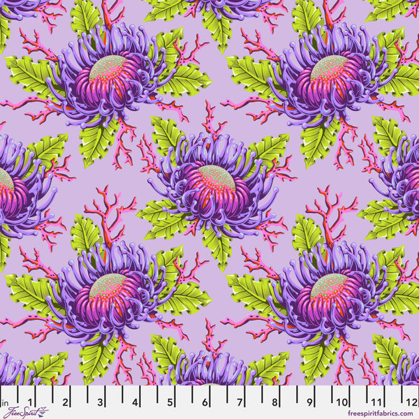 Scale of Friends and Anemones in Ultraviolet from the Floral Reef collection by Tula Pink – colorful anemones in an underwater-inspired design