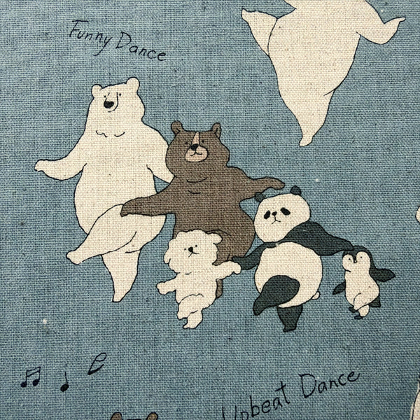 Close up of Funny Animals Bears and Friends cotton linen canvas fabric by Kokka in blue, YKA-46030-1D