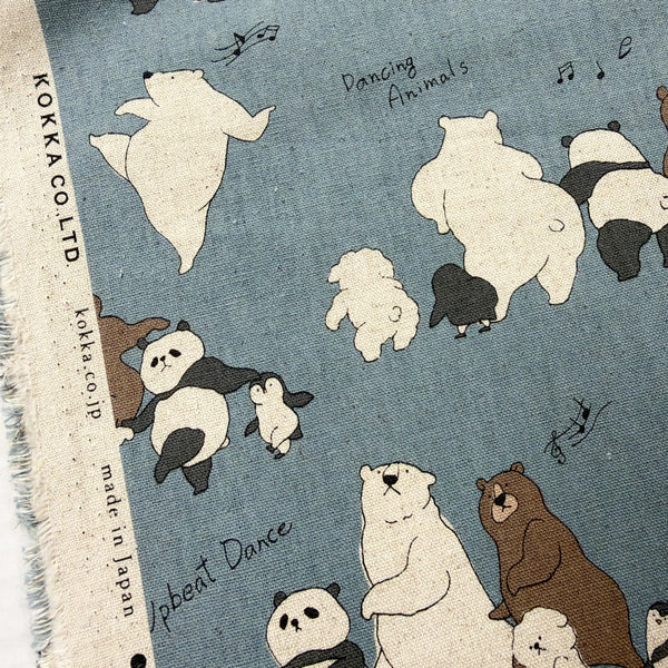 Selvage of Funny Animals Bears and Friends cotton linen canvas fabric by Kokka in blue, YKA-46030-1D