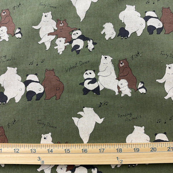 Scale of Funny Animals Bears and Friends cotton linen canvas fabric by Kokka in green, YKA-46030-1C