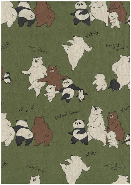 Stock photo of Funny Animals Bears and Friends cotton linen canvas fabric by Kokka in green, YKA-46030-1C