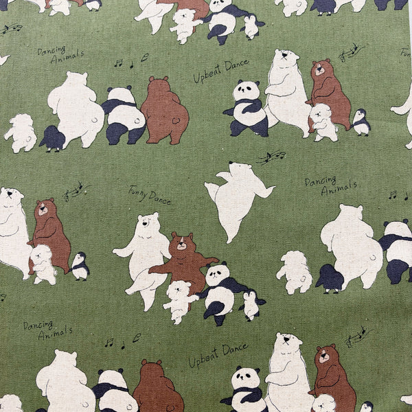 Funny Animals Bears and Friends cotton linen canvas fabric by Kokka in green, YKA-46030-1C