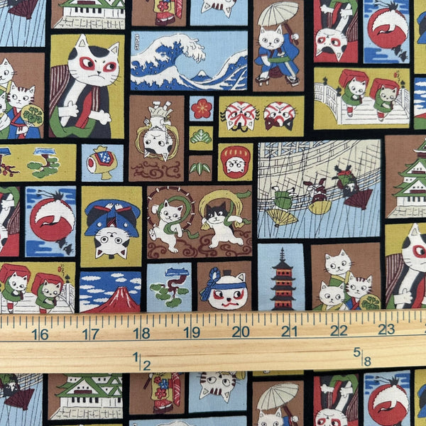 Scale of Funny Cats Woodblock Print cotton fabric by Kokka in black multi, style YKA-41060 1D
