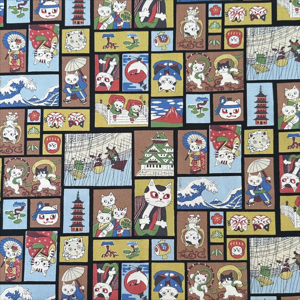 Funny Cats Woodblock Print cotton fabric by Kokka in black multi, style YKA-41060 1D