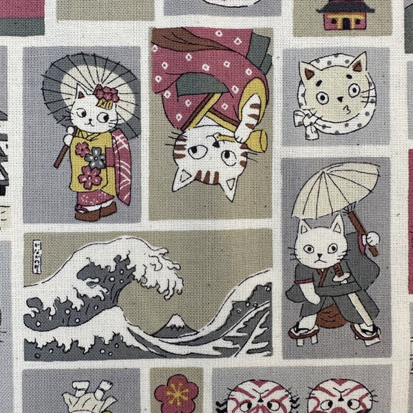 Close up of Funny Cats Woodblock Print cotton fabric by Kokka in gray multi, style YKA-41060 1B