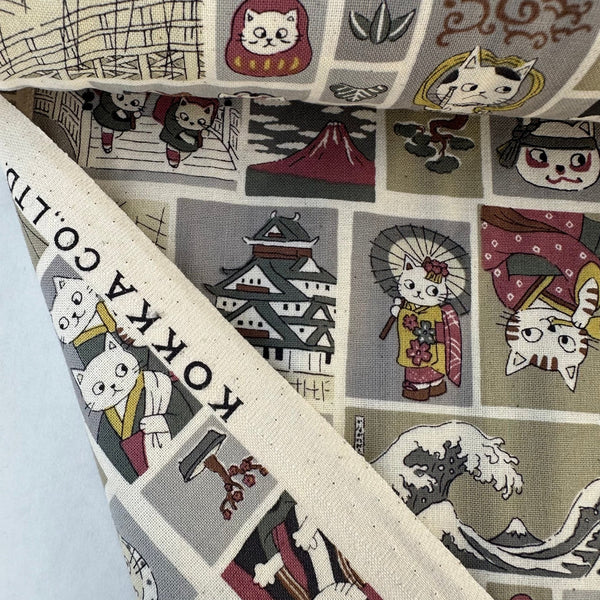 Funny Cats Woodblock Print cotton fabric by Kokka in gray multi, style YKA-41060 1B