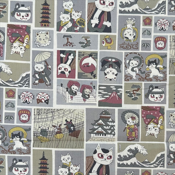 Funny Cats Woodblock Print cotton fabric by Kokka in gray multi, style YKA-41060 1B