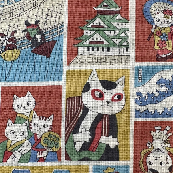 Close up of Funny Cats Woodblock Print cotton fabric by Kokka, style YKA-41060 1A