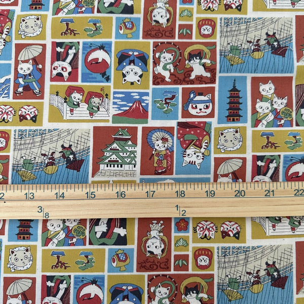 Scale of Funny Cats Woodblock Print cotton fabric by Kokka, style YKA-41060 1A