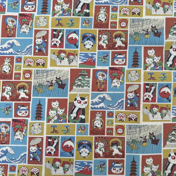 Funny Cats Woodblock Print cotton fabric by Kokka, style YKA-41060 1A