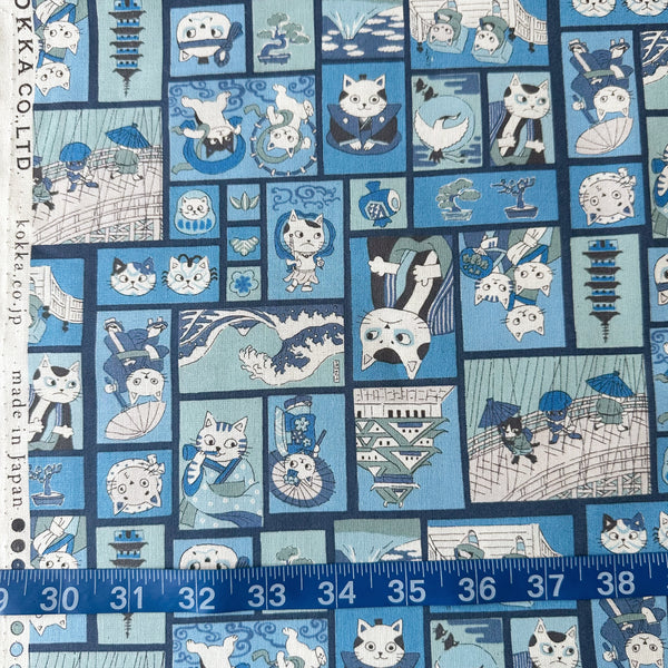 Scale of Funny Cats Woodblock Print cotton fabric by Kokka in blue, style YKA-41060 1C