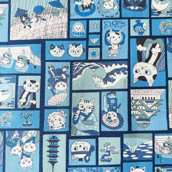 Close up of Funny Cats Woodblock Print cotton fabric by Kokka in blue, style YKA-41060 1C