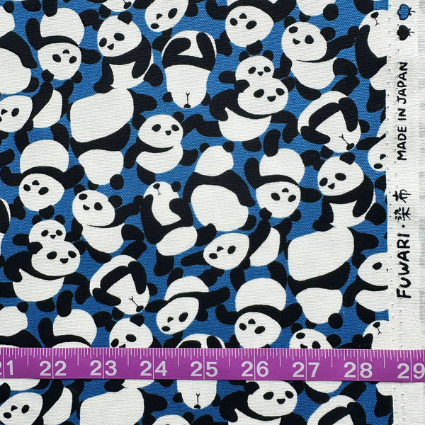 Scale of Packed Pandas cotton oxford fabric in blue by Fuwari, Japanese import with allover panda print