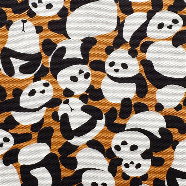 Close up of Packed Pandas cotton oxford fabric in caramel by Fuwari, Japanese import with allover panda print