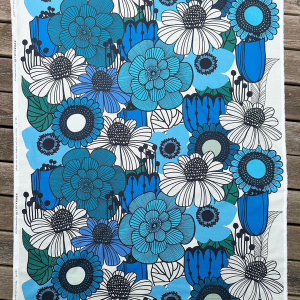 Full view of Garden Flowers cotton fabric by Kokka featuring oversized blue and black florals in a Scandinavian-inspired design