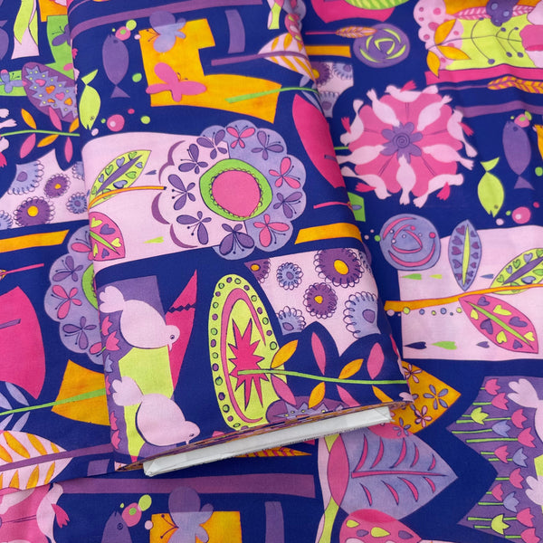 Bolt of Geometry cotton fabric in White Multi by Nora featuring a brightly colored floral and landscape design with a geometric style