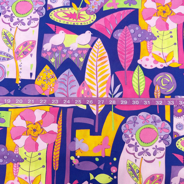 Scale of Geometry cotton fabric in White Multi by Nora featuring a brightly colored floral and landscape design with a geometric style