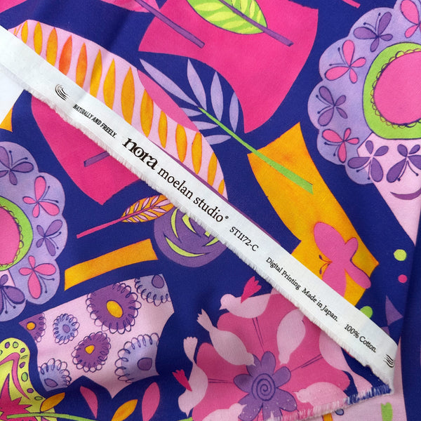 Selvage of Geometry cotton fabric in White Multi by Nora featuring a brightly colored floral and landscape design with a geometric style