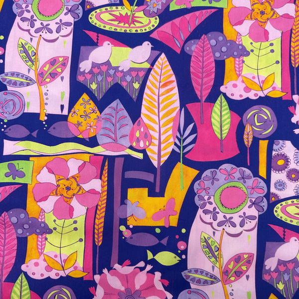Geometry cotton fabric in White Multi by Nora featuring a brightly colored floral and landscape design with a geometric style