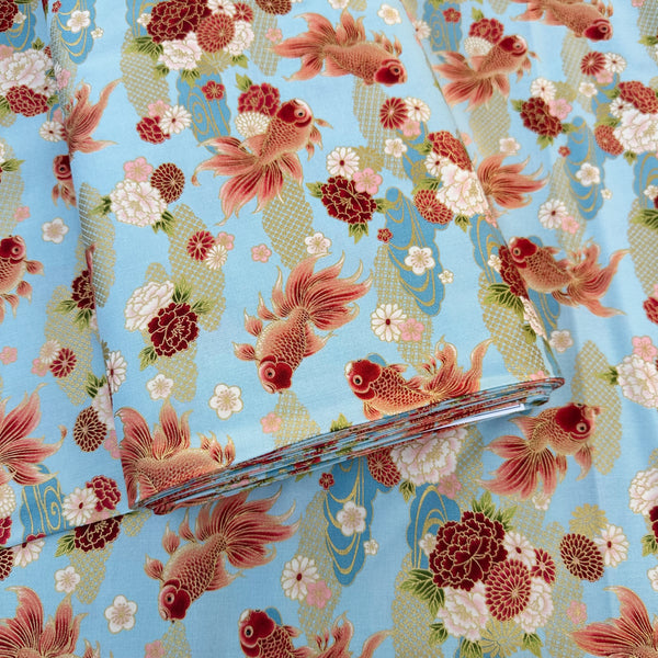 Bolt of Goldfish and Peony Metallic Cotton fabric by Quilt Gate, style HR3600-12B, in blue