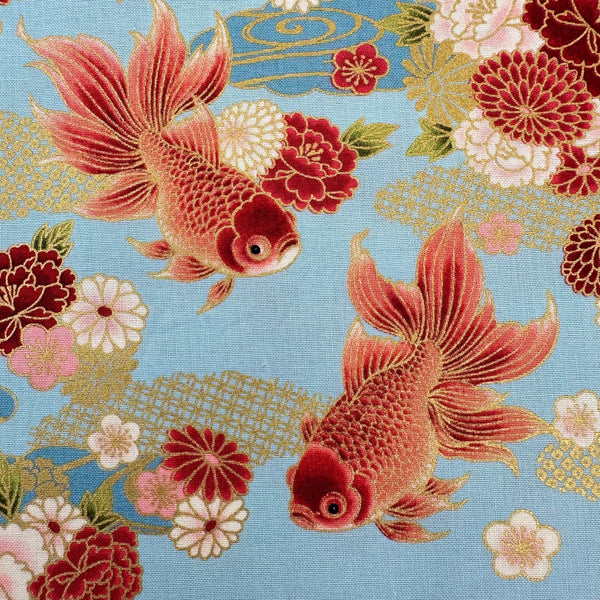 Close up of Goldfish and Peony Metallic Cotton fabric by Quilt Gate, style HR3600-12B, in blue