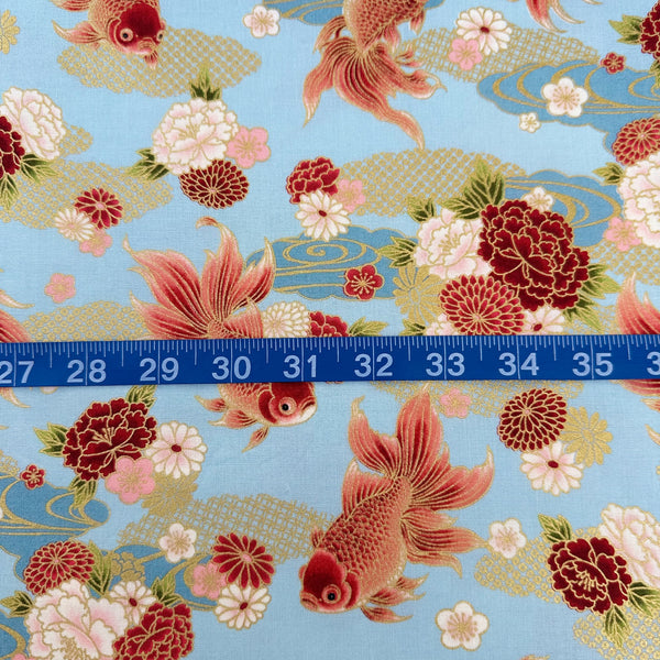 Scale of Goldfish and Peony Metallic Cotton fabric by Quilt Gate, style HR3600-12B, in blue