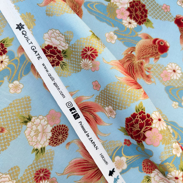 Selvage of Goldfish and Peony Metallic Cotton fabric by Quilt Gate, style HR3600-12B, in blue