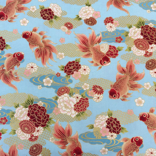 Goldfish and Peony Metallic Cotton fabric by Quilt Gate, style HR3600-12B, in blue