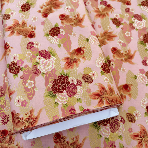 Bolt of Goldfish and Peony Metallic Cotton fabric by Quilt Gate, style HR3600-12C, in pink