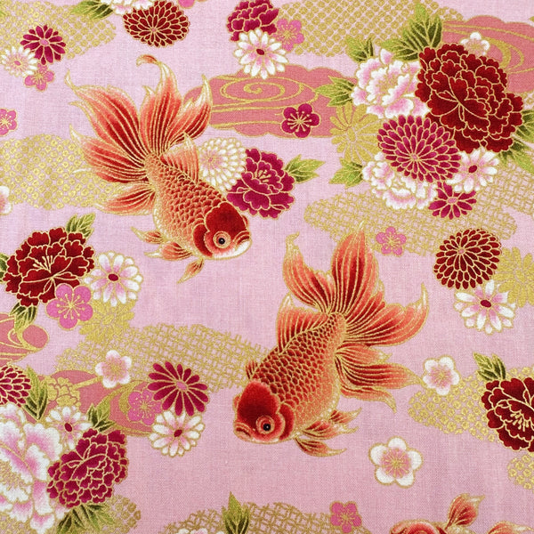 Close up of Goldfish and Peony Metallic Cotton fabric by Quilt Gate, style HR3600-12C, in pink