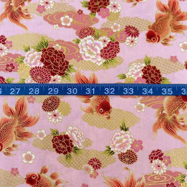 Scale of Goldfish and Peony Metallic Cotton fabric by Quilt Gate, style HR3600-12C, in pink