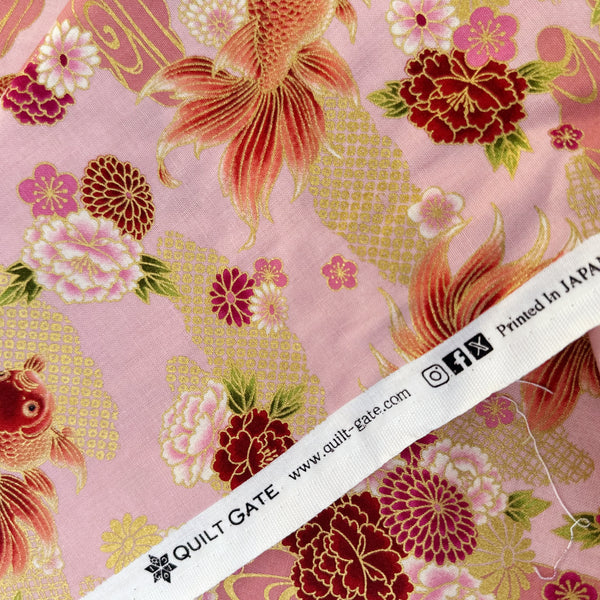 Selvage of Goldfish and Peony Metallic Cotton fabric by Quilt Gate, style HR3600-12C, in pink