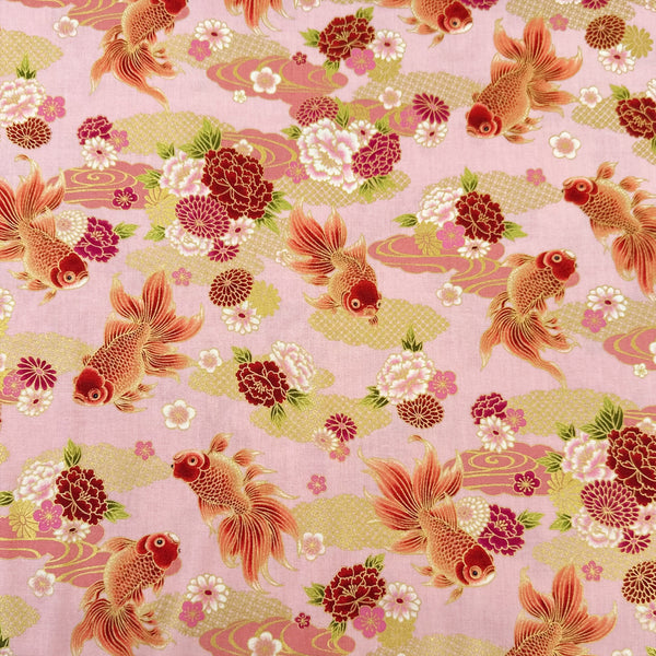 Goldfish and Peony Metallic Cotton fabric by Quilt Gate, style HR3600-12C, in pink