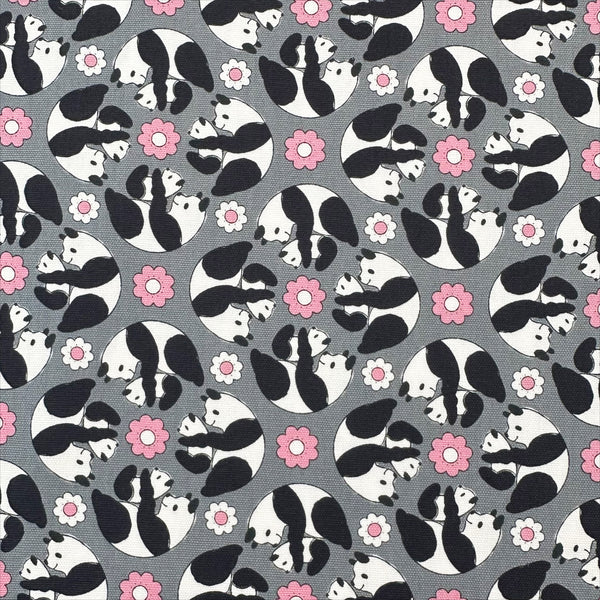 Goro Koro Panda Cotton Oxford Fabric in Gray by Anyan for Cotorienne and Yuwa featuring adorable rolling pandas on a gray background.