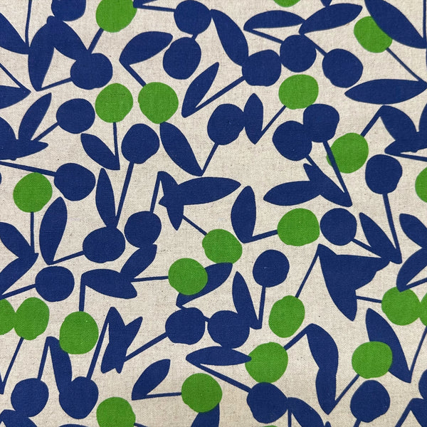 Green Cherry Pom Pom canvas fabric by Sevenberry, cotton linen blend