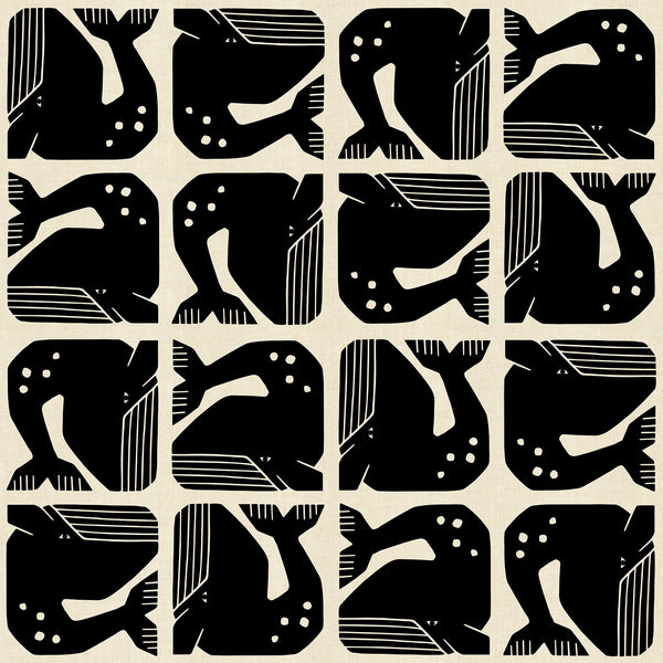 Grumpy Whale cotton fabric by Loes van Oosten featuring stylized black whale print on unbleached cotton fabric