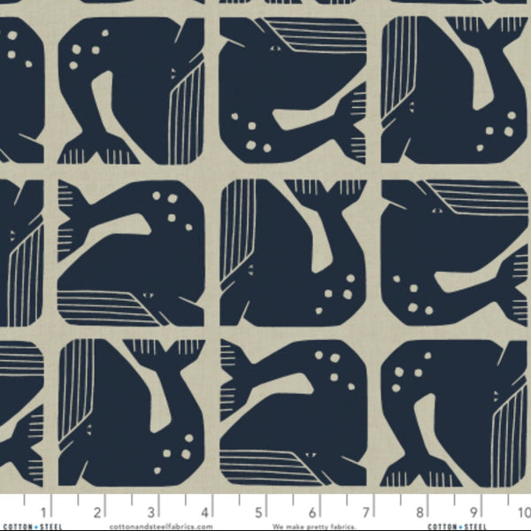Scale of Grumpy Whale cotton fabric in Blue Gray by Loes van Oosten featuring stylized whale print on unbleached cotton fabric