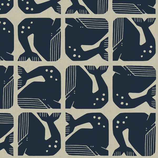 By The Seaside II Grumpy Whale Cotton Fabric in Blue Gray - Loes Van Oosten For Cotton + Steel