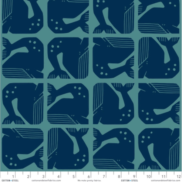 Scale of Grumpy Whale cotton fabric in Navy by Loes van Oosten featuring stylized whale print on unbleached cotton fabric