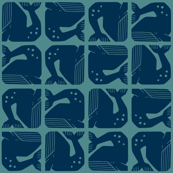 Grumpy Whale cotton fabric in Navy by Loes van Oosten featuring stylized whale print on unbleached cotton fabric
