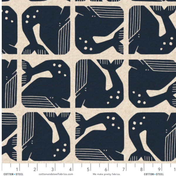Scale of Grumpy Whale cotton linen canvas fabric in navy by Loes van Oosten featuring stylized whale print on unbleached canvas
