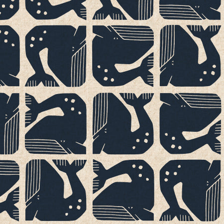 Grumpy Whale cotton linen canvas fabric in navy by Loes van Oosten featuring stylized whale print on unbleached canvas